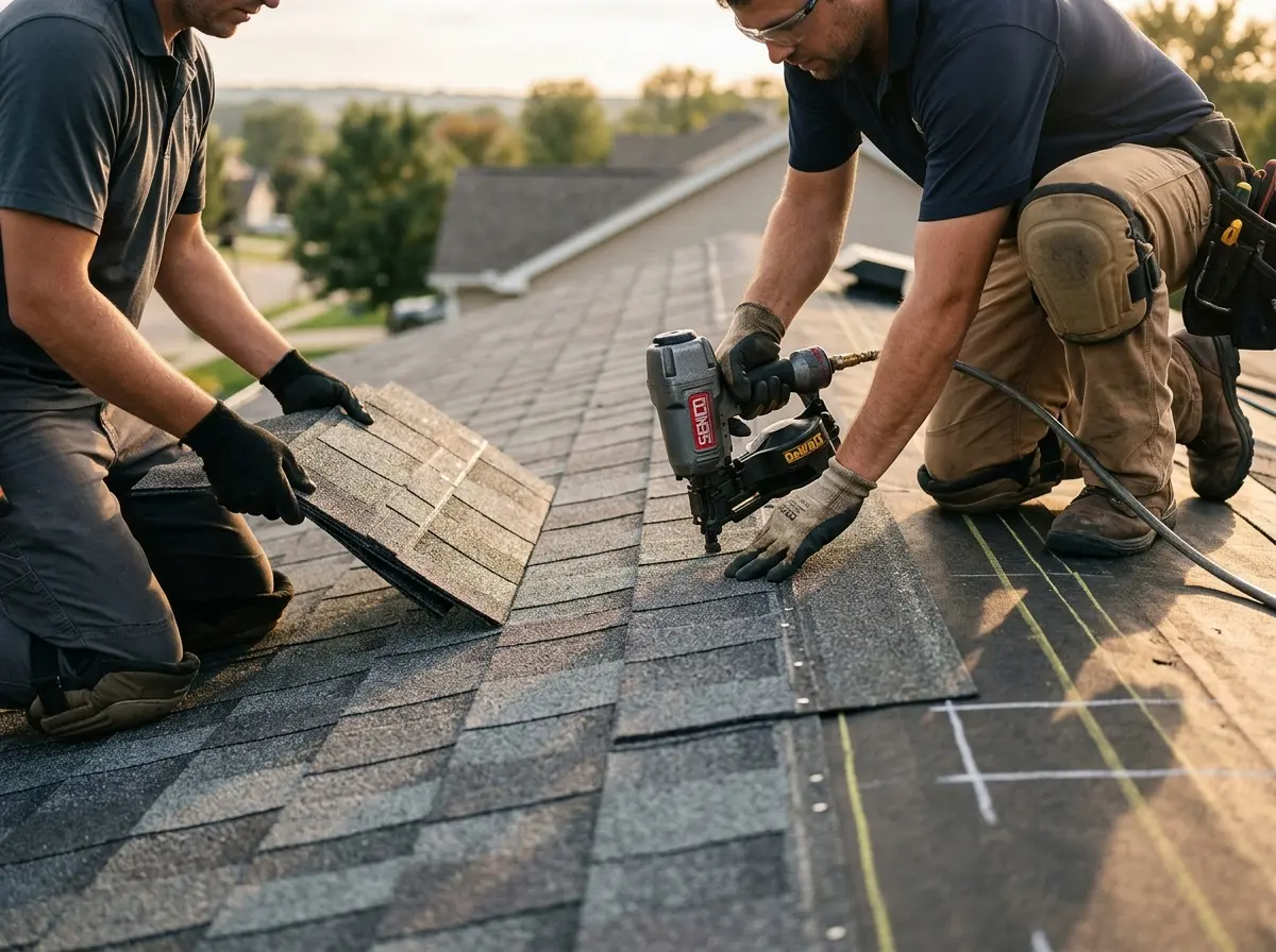Professional roofer working on a residential roof in Yoakum